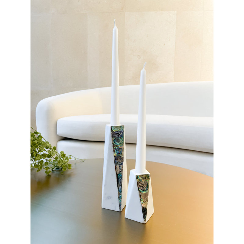 Mother Of Pearl Marble Candlestick, 8" H x 2" W x 2" D