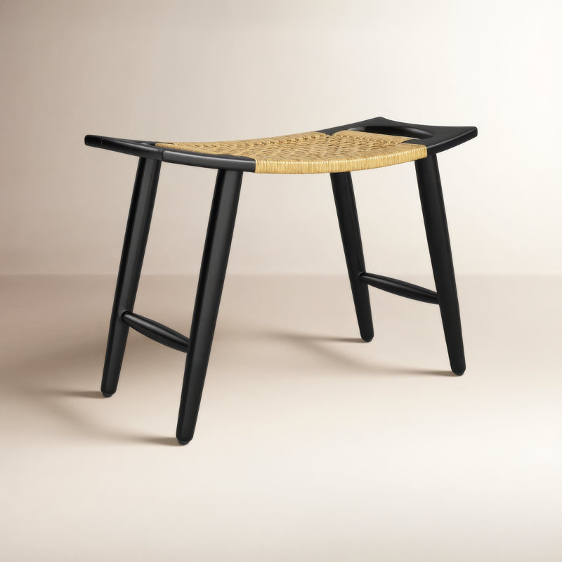 Tristan Natural Wood & Rattan Stool, Black