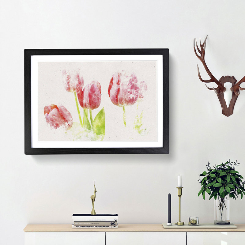 Beautiful Pink Tulips Watercolour - Picture Frame Graphic Art Print, Black Framed, 40cm H x 60cm W x 2cm D