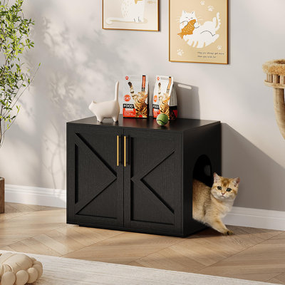 Enceinte de litière pour chat, Meuble de litière caché pour chat avec 2 portes et patins, Meuble de litière en bois pour chat