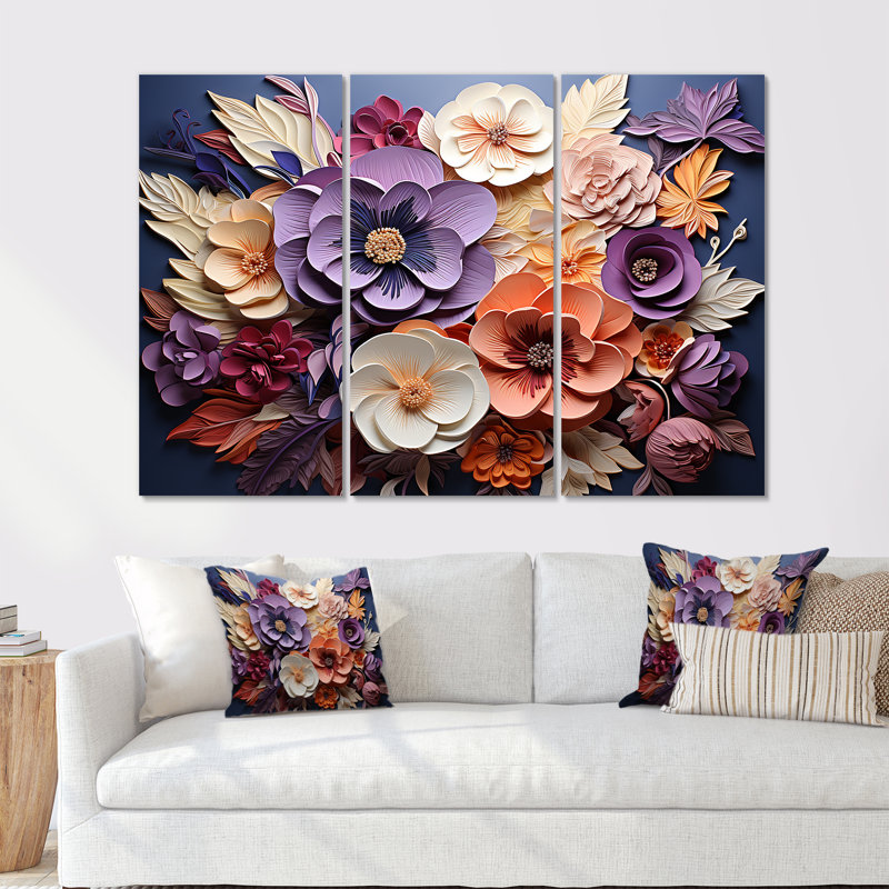 Mauve et pêche artistique dans les pensées - ensemble de décorations murales pensées, H 32 po x l 48 po x P 1 po