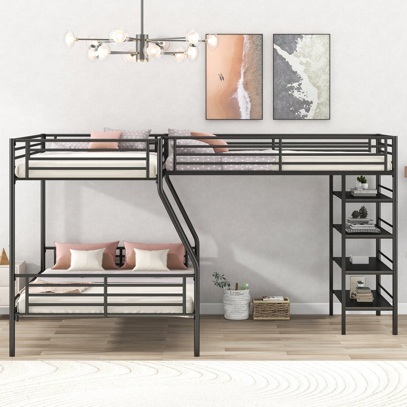 L-Shaped Metal Twin over Full Bunk Bed and Twin Size Loft Bed with Four Built-in Shelves,Black(Expected Arrival Time:11.15)