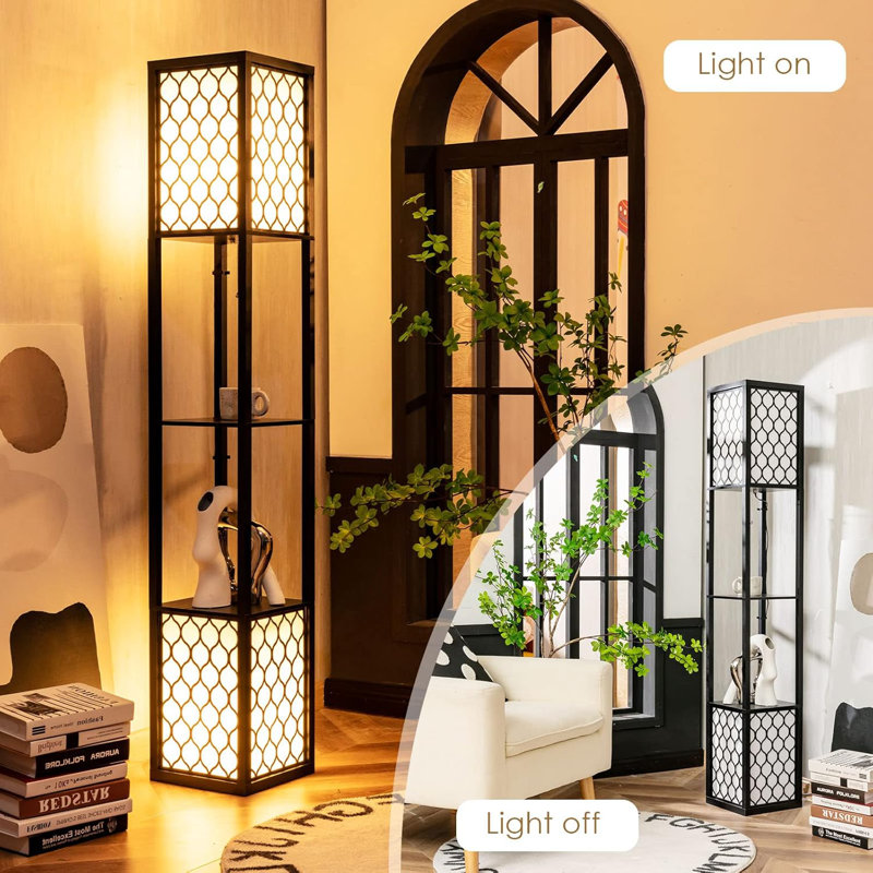 Floor Lamp With Storage Shelves, Linen Shade, Pull-Chain Switch, Etl Approved, Ambient Lighting