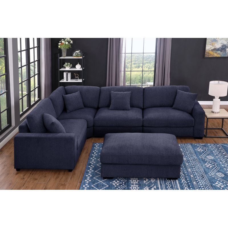 Canapé de coin modulaire confortable à 5 sièges avec repose-pieds mobile, Chenille bleu foncé