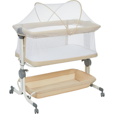 3-in-1 Foldable Bedside Baby Bassinet with Mosquito Net, 6 Adjustable Heights & Anti-Reflux Tilt, Breathable Mesh, Lockable Swivel Wheels & Large Storage Basket for Newborns, khaki