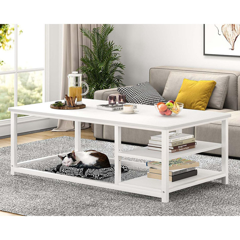Table basse blanche, centre de table moderne en bois rustique avec rangement pour le salon