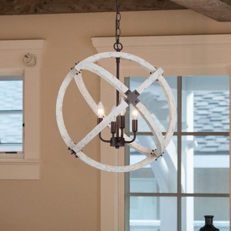 Turman 4 - Light Unique Chandelier with Wood Accents, Rustic White