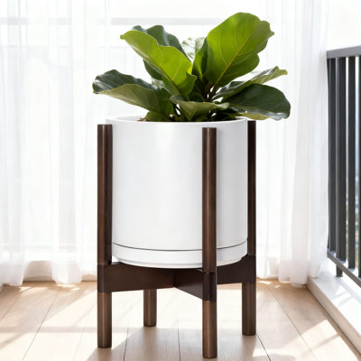 Modern Ceramic Planter With Wood Stand - 10 Inch Round Flower Pot With Drainage Hole And Saucer For Indoor Plants, Mid-Century Home Decor