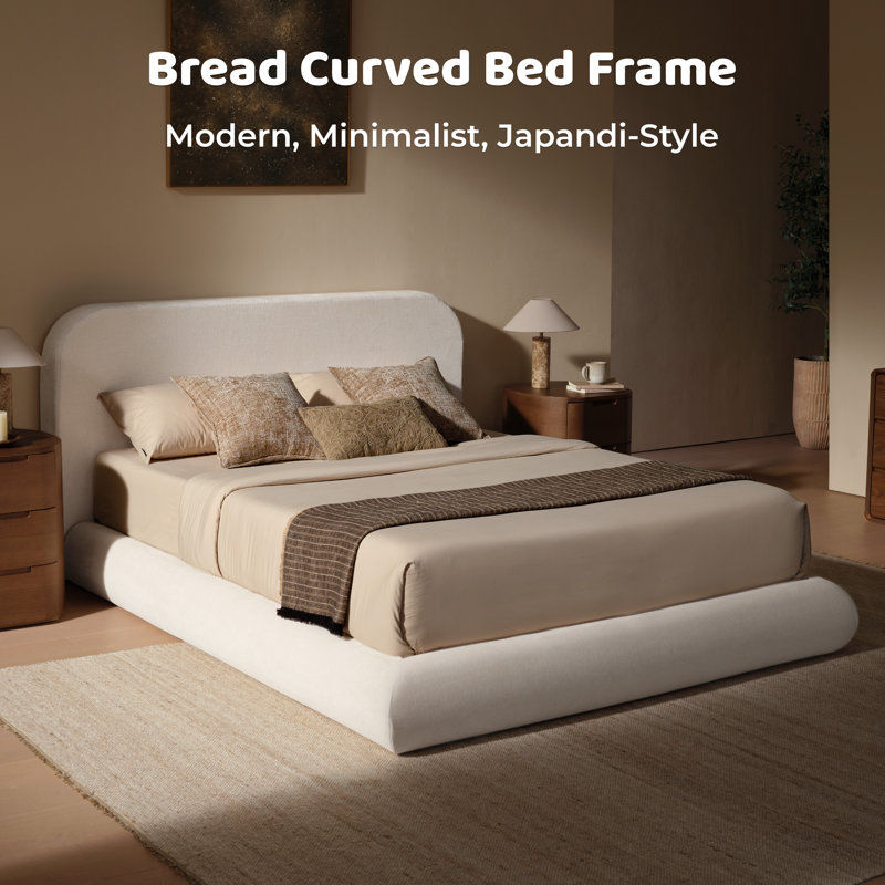 Base de lit tapissier grand lit avec tête de lit courbée en chenille, panneaux arqués en mousse entièrement rembourrés, support en métal robuste, aucun sommier tapissier requis, beige