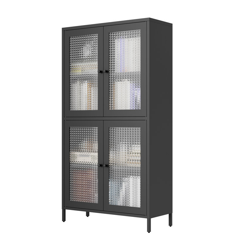 Classic Metal Storage Cabinet Display Cabinet With  Glass Doors  Shelves Cabinet  Bookcase Side Cabinet  Home Office  Kitchen Hallway - Black, Waffle Grids Tempered Glass