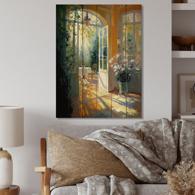 «Sunlight Bliss At The Cottage IV» - Art mural en bois chalet Lake House - Bois de pin naturel