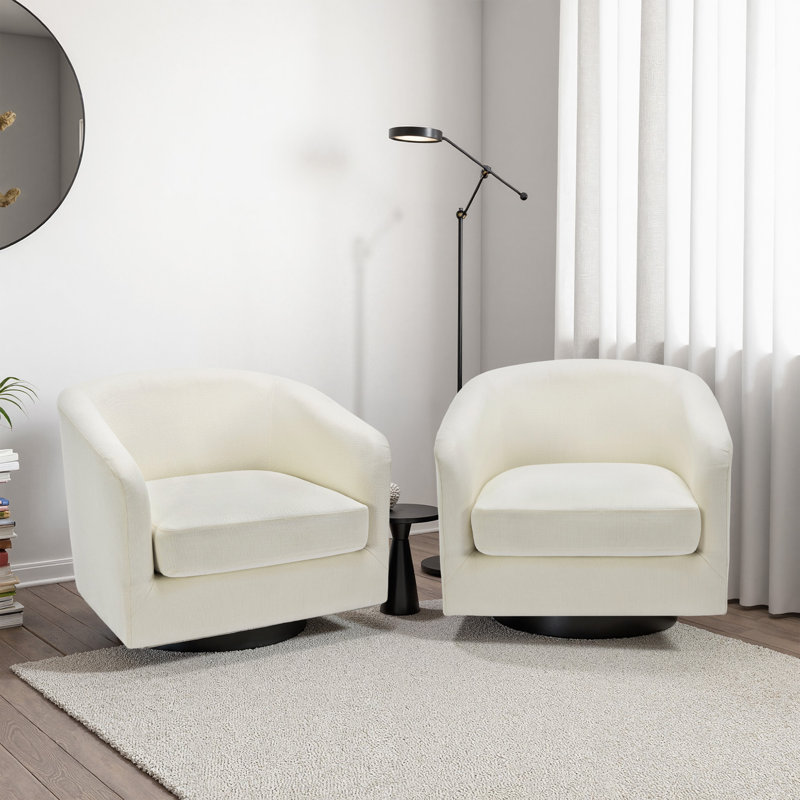 Applewold Upholstered Beige Cotton Blend Swivel Barrel Chair with Solid Wood Base, Beige Polyester Blend