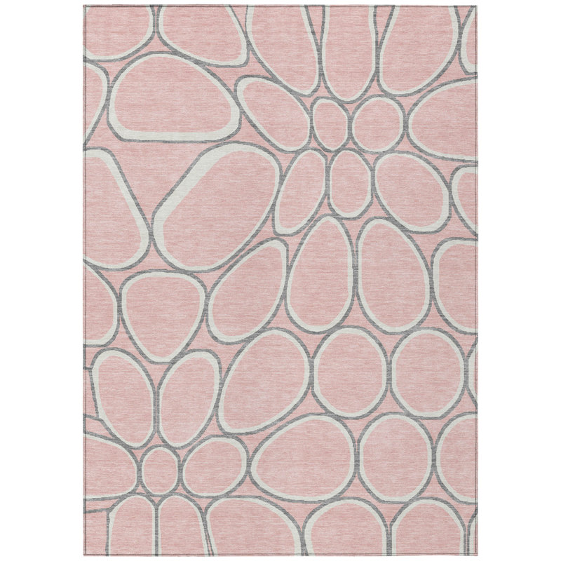 3' X 5' Pink Gray And Ivory Abstract Washable Indoor Outdoor Area Rug