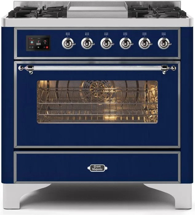 ILVE Majestic II Series 36 inch Dual Fuel Range with 6 Sealed Burners (Glass Door), Liquid Propane, Midnight Blue/Chrome