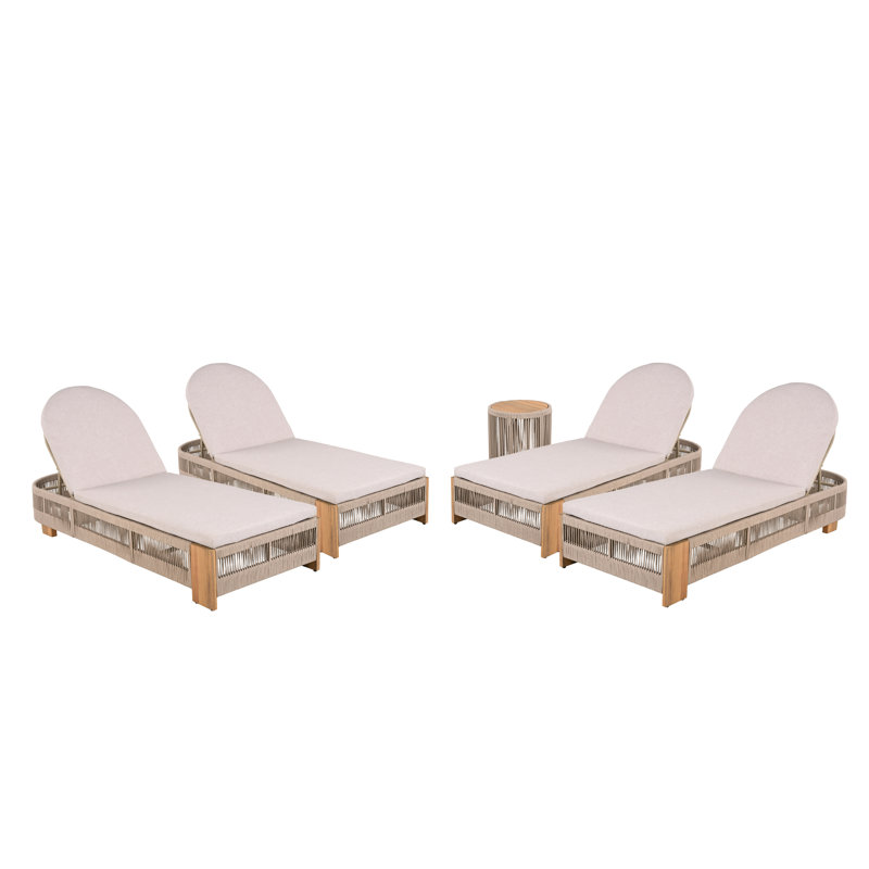 Yenings Patio Adjustable Woven Rope Chaise Lounge With Side Table & Cushions, Beige/Teak