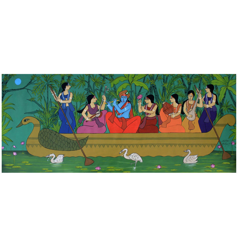 Radha Krishna et ses amis en bateau | Acrylique sur toile | Décoration murale