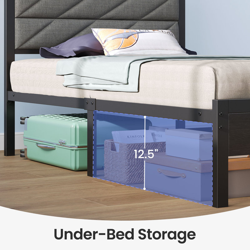 Bed Frame with Storage Headboard, Metal Platform Bed Frame with RGB Lights & Outlets, Twin/Single
