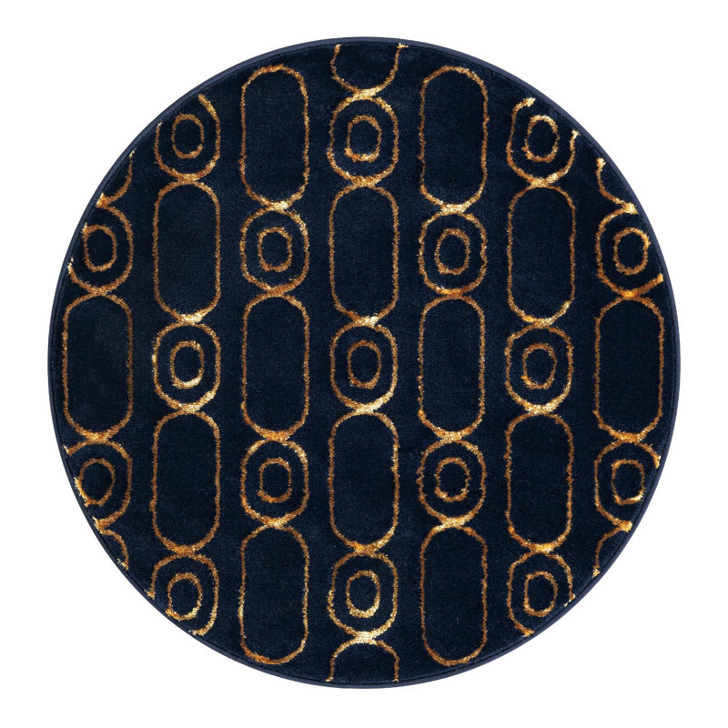 Latitude Run® Column Novica Rug Navy Blue and Gold, Round 3'1"