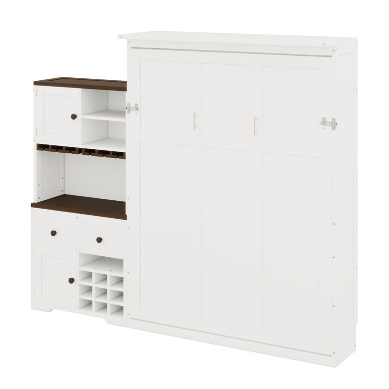 Lit escamotable avec armoire de rangement, support à vin, tiroirs et DEL, White