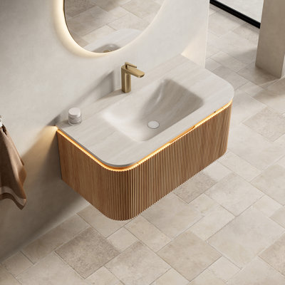 Dien 36'' Bathroom Vanity&Sink, Floating Curved Edges Striped Cabinet With Drawer, Sensor Light, Travertine-Pattern Sintered Stone Hot-Bent Integrated Basin, Pre-Assembled, Natural Woodgrain Color