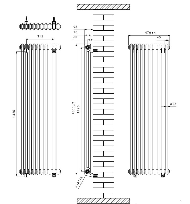 Valda Vertical Traditional 2 Column Designer Radiator, Anthracite, 150cm H x 47cm W
