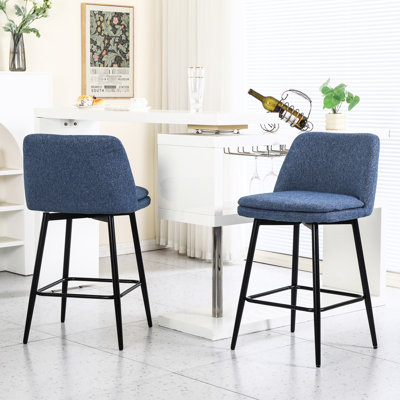 Tabouret de bar pivotant à hauteur de comptoir de 2, siège de 25,6 po de hauteur, revêtu de lin bleu, pieds en métal pour la cuisine