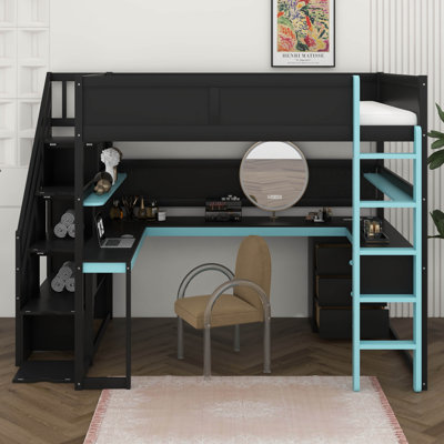 Lit mezzanine en bois avec escalier de rangement, bureau, tablettes et panneau perforé