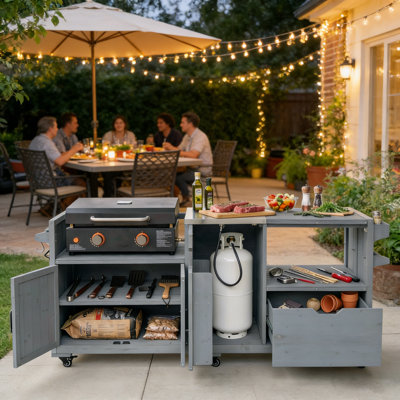 80.3" Solid Wood Outdoor Kitchen Island With Stainless Steel Top, Rolling Grill Cart For Big Green Egg & Griddle