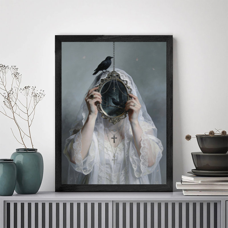 Art mural rétro noir et mystérieux, fantôme dans le miroir, H 37 po x l 25 po
