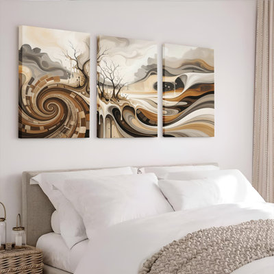 Ensemble de 3 toiles imprimées représentant un paysage abstrait aux motifs tourbillonnants et aux arbres dénudés, idéal pour décorer un salon, une chambre ou un bureau.