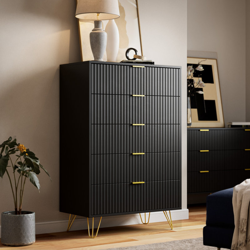 Commode à 5 tiroirs, H 47,2 po, Noir
