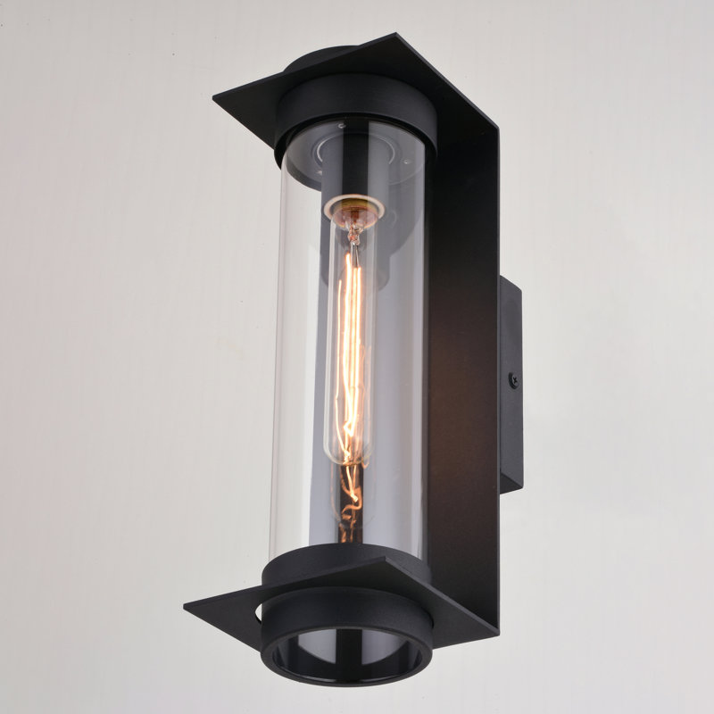 Applique murale d'extérieur contemporaine texturée noire à 1 lumière H 14 po en métal durable, abat-jour en verre transparent, compatible avec les DEL, à utiliser pour la porte d'entrée de patio ou de garage