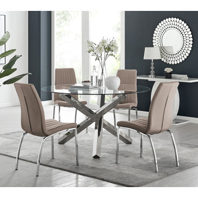 Vogo Modern Design Chrome and Glass Dining Table Set with 4 Soft Touch Faux Leather Dining Chairs