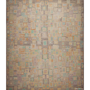 Tapis à motif géométrique moderne brun moyen / orange / bleu / jaune One-of-a-Kind