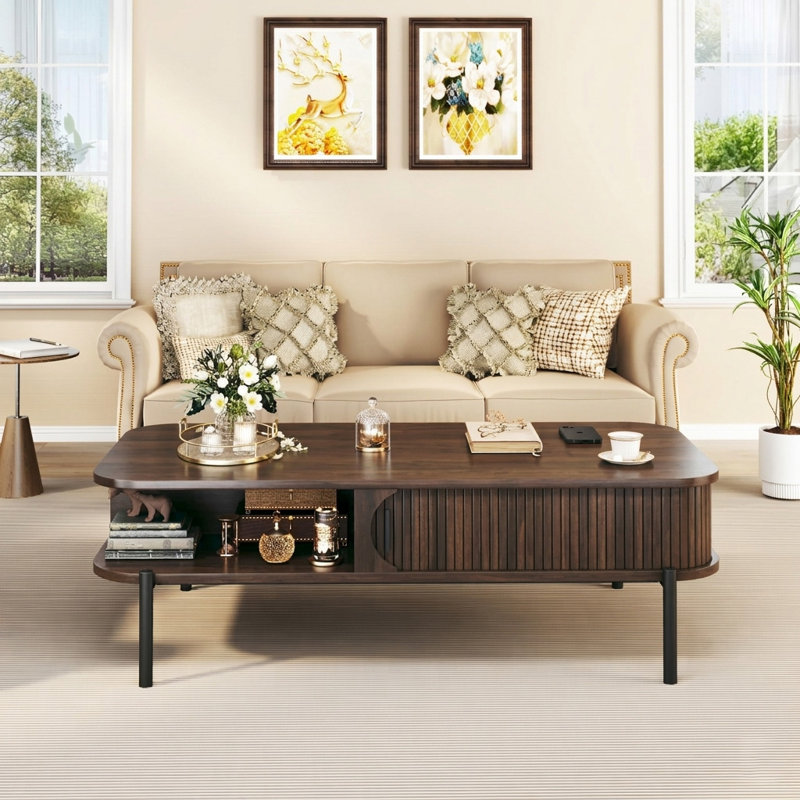 Walnut Coffee Table With Shelves & Storage Cabinet, 17" H x 47.2" W x 23.6" D
