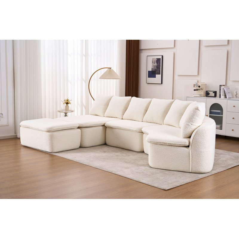 133'' Modular U-Shaped Sectional Compression Sofa With Removable Recliner Module Woodgrain Chenille Boneless Ideal For Large Living Rooms Or Bedrooms
