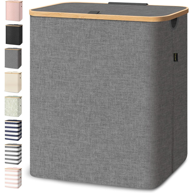 Laundry Hamper Basket with Lid, Bamboo Handles and Sturdy Frame, Gray, 144 qt