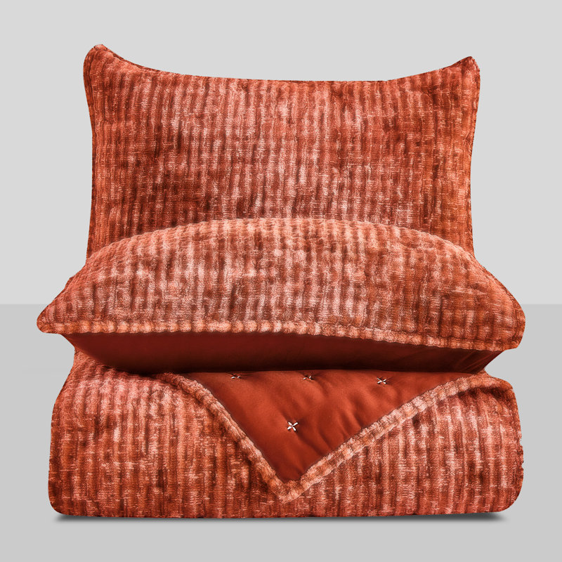 Burnt Orange Velvet Full Quilt Set with Embroidery