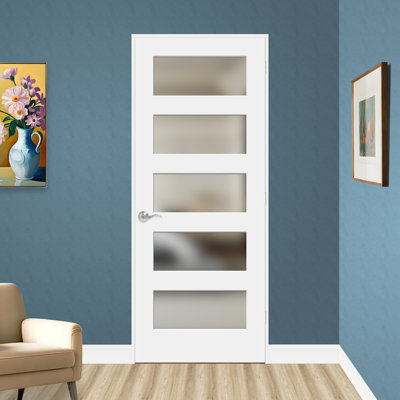 Porte pré-percée en verre trempé givré et en bois manufacturé blanc apprêté de 80 po de hauteur et de 80 po de hauteur