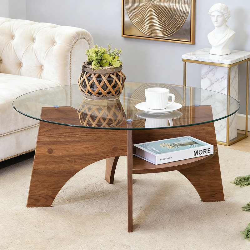 Levi Round Glass Coffee Table with Fan-Shaped Base, Walnut