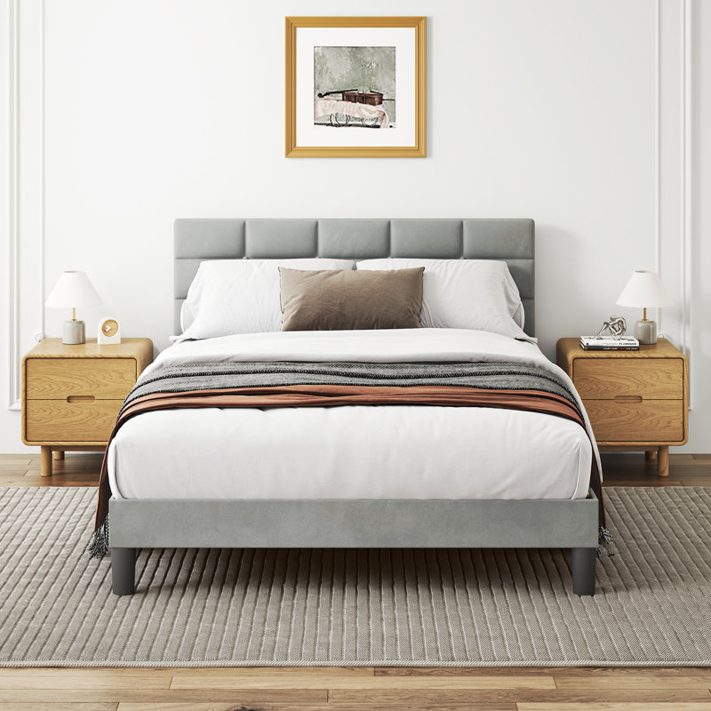 Velvet Upholstered Platform Bed with Headboard, Kingsize (5')