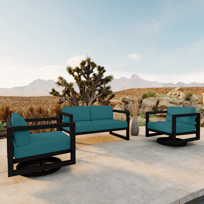 Avion 3 Piece Loveseat Set With Swivel, Slate, Spectrum Peacock Sunbrella® Plainweave