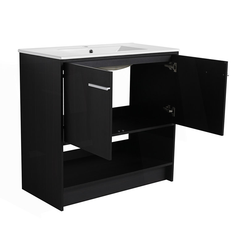 Meuble-lavabo autoportant avec lavabo en céramique et 2 portes à fermeture douce, Chêne foncé, 36"