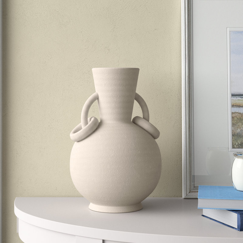 Ceramic Textured Decorative Vase with Ring Handles, Cream