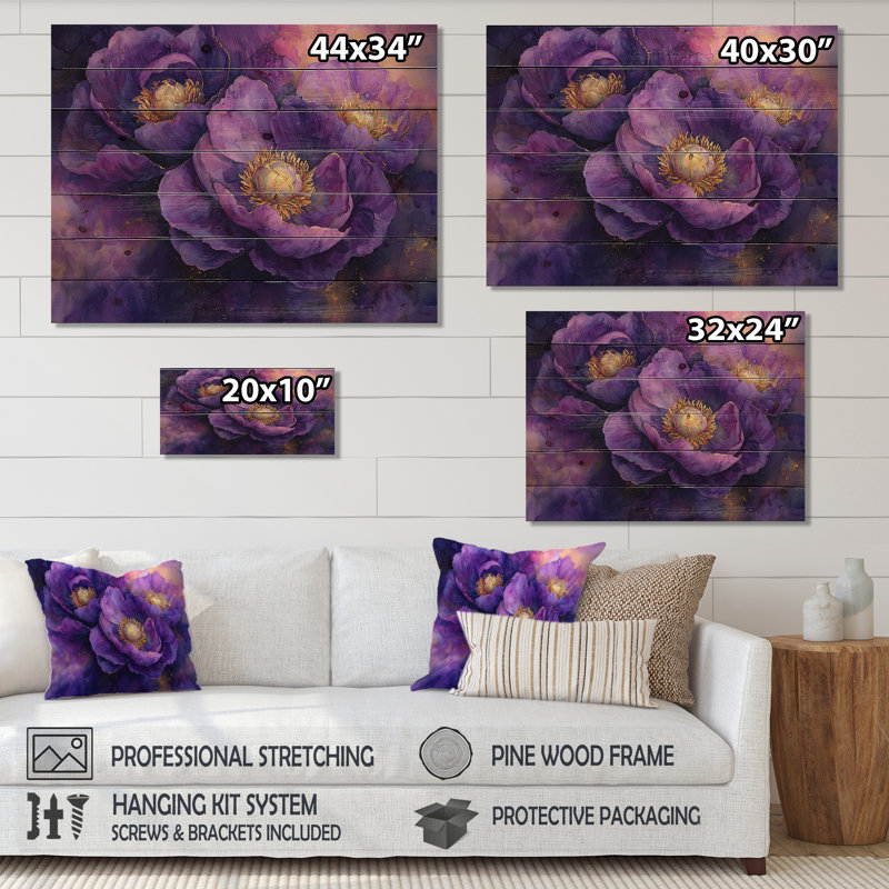 Fleurs de pivoines dorées lavande Serenity I - impression de pivoines sur bois de pin naturel, H 24 po x l 32 po x P 0,78 po