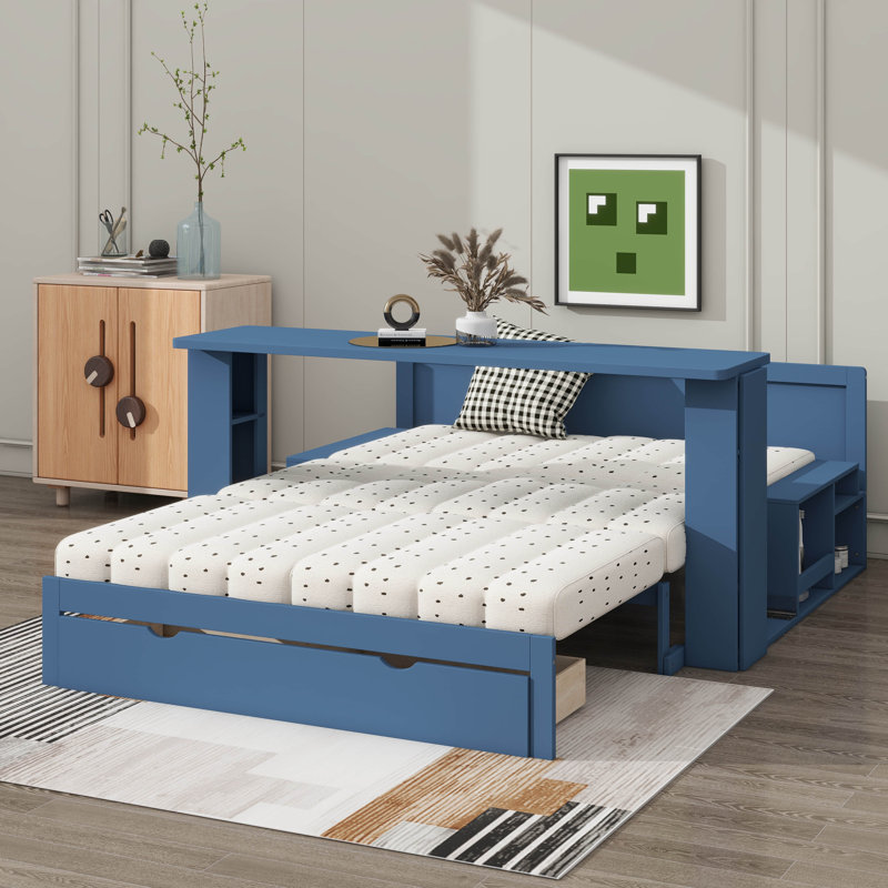 Daybed In Full Size Featuring Detachable Desk, Drawers For Storage & Side Table With Hydraulic Lift, Full , Blue
