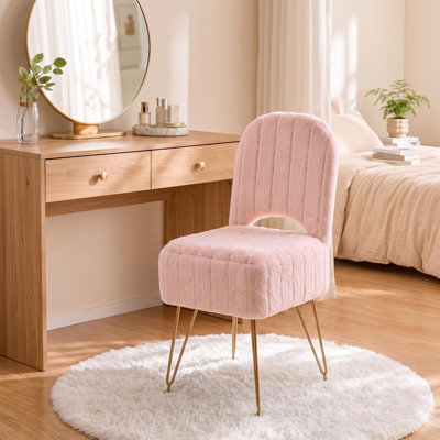 Grand fauteuil de coiffeuse rose en fausse fourrure de lapin avec rangement, fauteuil de chambre moelleux