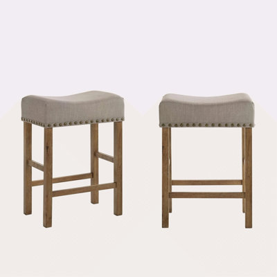 Tabouret à hauteur de comptoir en lin brun clair et chêne vieilli (ensemble de 2)
