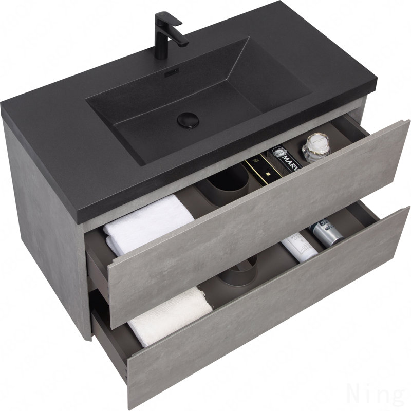 Meuble-lavabo mural 42 po avec lavabo, meuble de rangement mural moderne, lavabo à quartz noir et tiroirs à fermeture en douceur