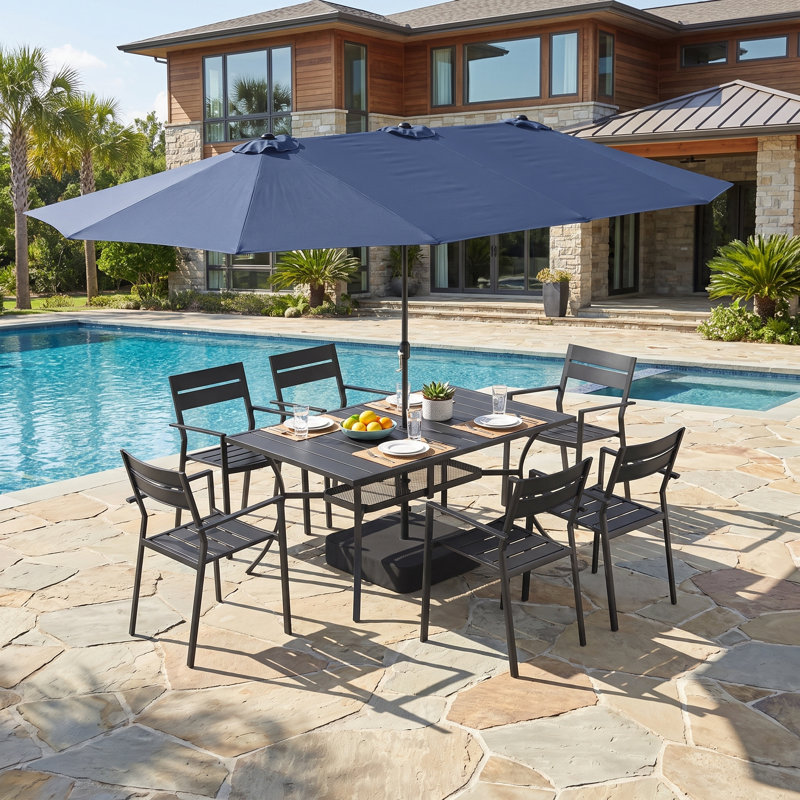 Ensemble de salle à manger de patio pour 6 personnes avec chaises empilables en métal et accoudoirs et parasol de marché de 13 pi
